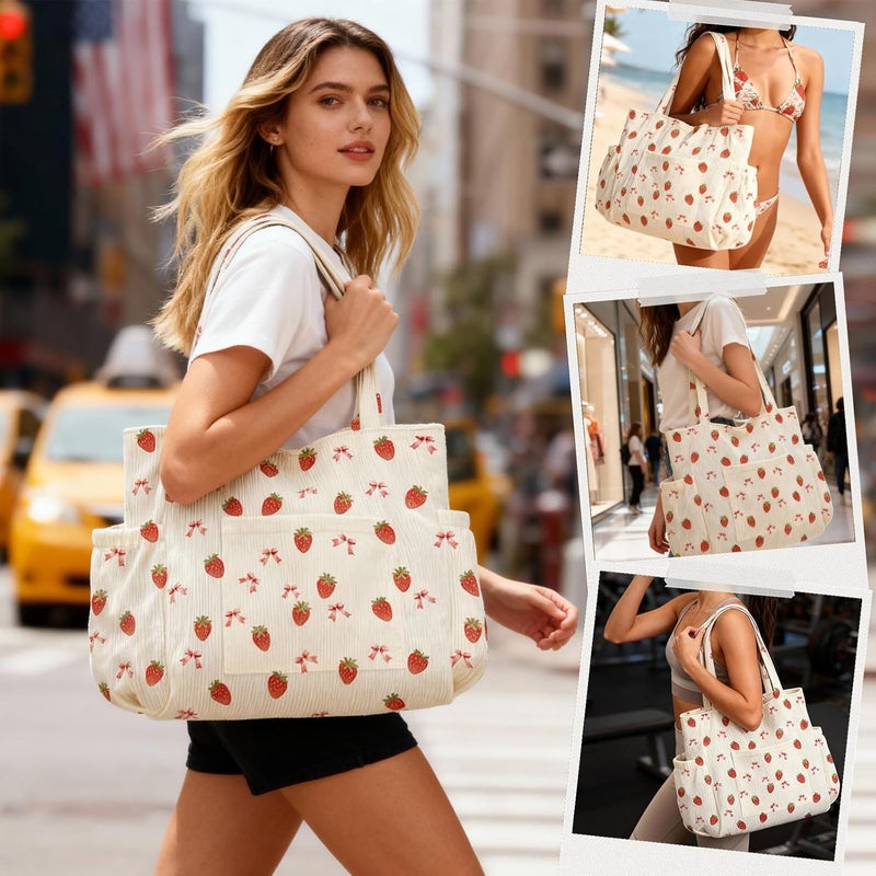 Hatisan Corduroy Tote Bag for Women,Large Capacity Cute Tote Bags With 6 Pockets,Crossbody Shoulder Handbag for Work Travel Gym - Image 2
